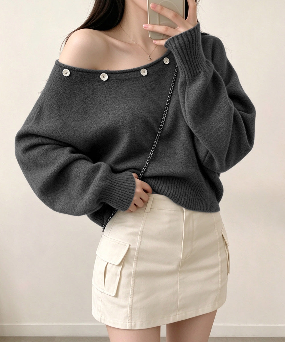 オフショルダー ニットトップス韓国風秋服
