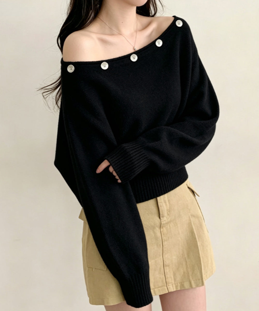 オフショルダー ニットトップス韓国風秋服