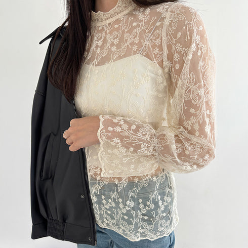 花柄刺しゅうレースブラウス長袖レディース 総レースプチハイネックブラウス シアートップスシースルー オシャレ セクシープルオーバー 韓国風 フェミニン重ね着シャツ 86AYDD-003