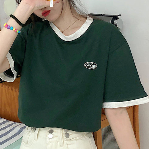 バイカラーTシャツ 韓国半袖 カジュアル おしゃれ ロゴ カットソー レディース クルーネック シンプル 夏服 トップス 可愛い プルオーバー スポーティー可愛い 86BAOMEI-001