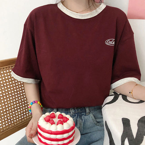 バイカラーTシャツ 韓国半袖 カジュアル おしゃれ ロゴ カットソー レディース クルーネック シンプル 夏服 トップス 可愛い プルオーバー スポーティー可愛い 86BAOMEI-001
