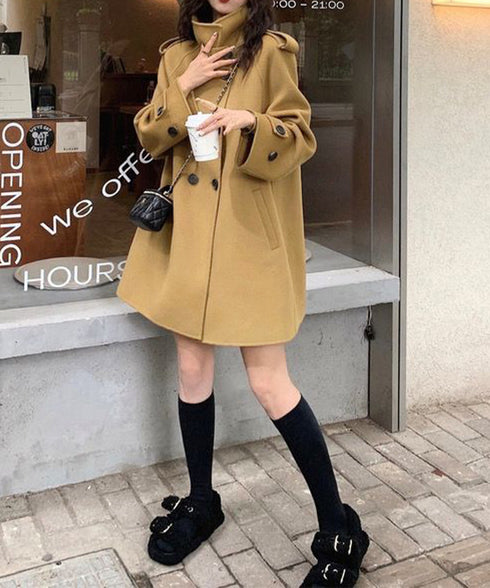 ダブルブレストトレンチコートミディアム丈 おしゃれ Aラインコート レディース スタンドカラーコートミドル丈 きれいめ 着やせ ライトアウター春秋 軽量 通勤通学 86CHENXINI-009