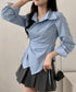 長袖ラップブラウス カシュクール春服秋服 レディース ストライプ柄ブラウス ウエストマーク ペプラムシャツブラウス襟付き 着やせトップス Vネックシャツ おしゃれ 86CHENXINI-010
