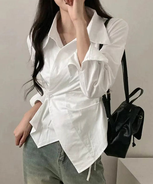 長袖ラップブラウス カシュクール春服秋服 レディース ストライプ柄ブラウス ウエストマーク ペプラムシャツブラウス襟付き 着やせトップス Vネックシャツ おしゃれ 86CHENXINI-010