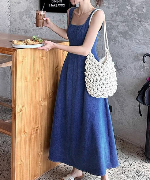 デニム風 ロングワンピース ノースリーブ 低身長フレアワンピース袖なし aラインワンピースレディースきれいめ ミモレ丈ワンピースカジュアル ポケット付タンクワンピ 86CHENXINI-013