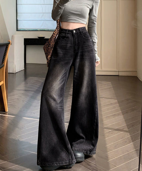 ヴィンテージデニムトパンツ ハイウエスト ケミカルウォッシュ バギーデニムパンツレディース ワイドデニム 古着風ルーズデニム 韓国風ジーンズ 美脚脚長パンツ色落ち 86CHENXINI-015