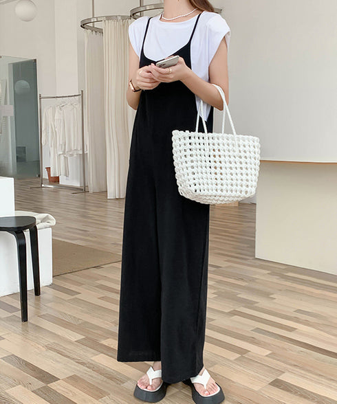 オールインワン サロペットパンツ 韓国風 ワイドパンツ レディース 着やせ オーバーオールパンツ ポケット付き キャミ サロペット ハイウエスト 体型カバーパンツ 86DUOB-001