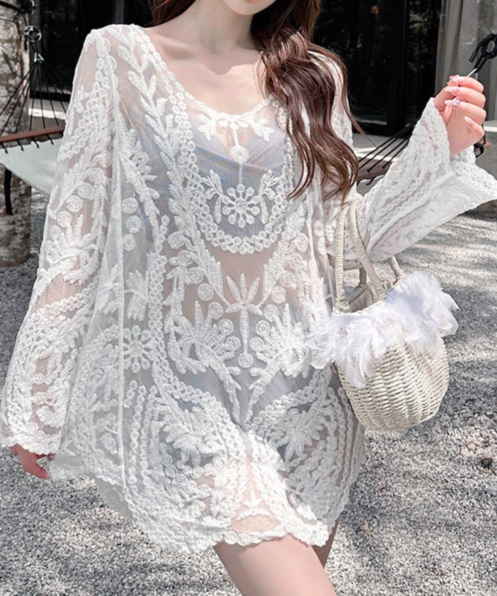 水着アウター 透かし編みビーチウェア夏海 ホワイト
