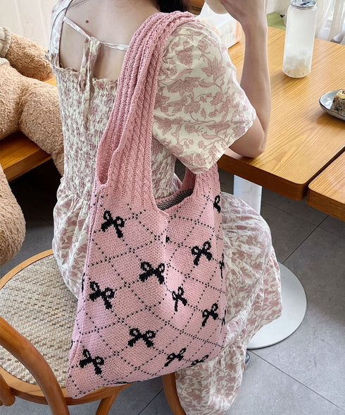 ニットトートバッグ リボン柄ニット編み鞄 レディース マルシェバッグ 肩掛けバッグ 折りたたみ サブバッグ 大容量 軽量 手提げバッグ カジュアル 柔らかいかばん 86JIXIN-004