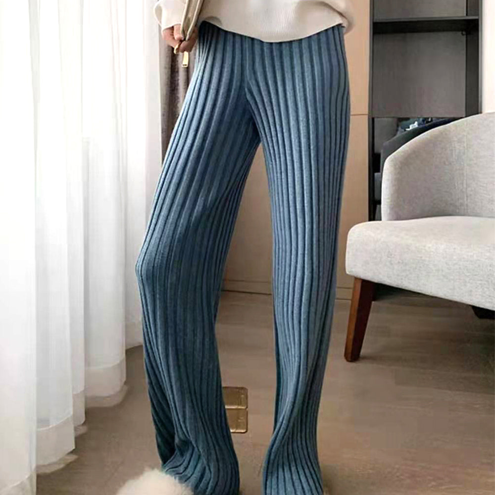 ニットパンツレディース セミフレアパンツ スモーキーブルー