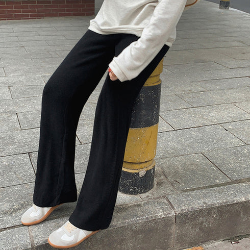 ワイドニットパンツ 韓国風 ロングパンツ レディース ハイウエスト リラックスパンツ 楽ちんボトムス ウエストゴム 体型カバー カジュアルパンツ ゆったり パンツ 86KANING-023