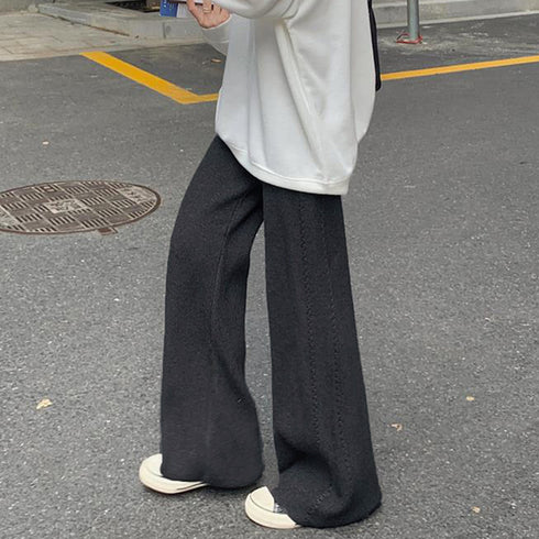 ワイドニットパンツ 韓国風 ロングパンツ レディース ハイウエスト リラックスパンツ 楽ちんボトムス ウエストゴム 体型カバー カジュアルパンツ ゆったり パンツ 86KANING-023
