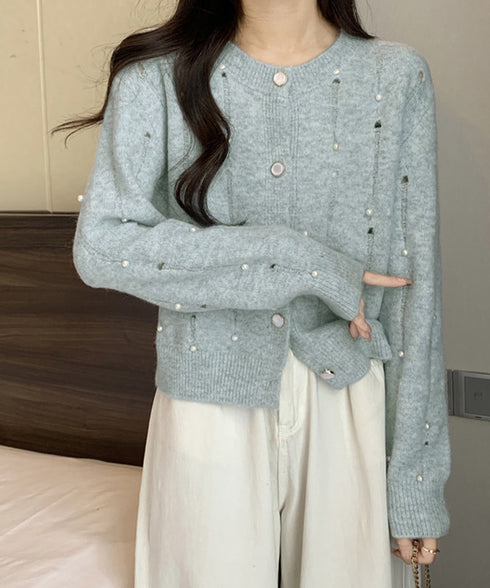 パール付き ニットカーディガン大人可愛い レディース ダメージニットトップス クルーネックニットセーター カジュアルきれいめ ガーリーニット羽織り春秋冬 韓国風 86LBYOU-001