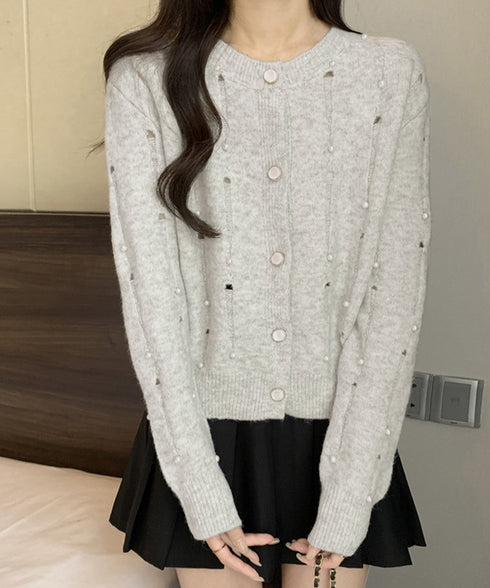 パール付き ニットカーディガン大人可愛い レディース ダメージニットトップス クルーネックニットセーター カジュアルきれいめ ガーリーニット羽織り春秋冬 韓国風 86LBYOU-001