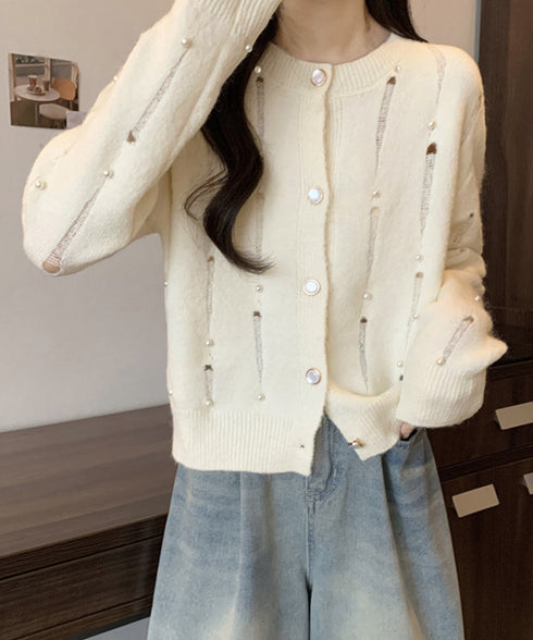 パール付き ニットカーディガン大人可愛い レディース ダメージニットトップス クルーネックニットセーター カジュアルきれいめ ガーリーニット羽織り春秋冬 韓国風 86LBYOU-001