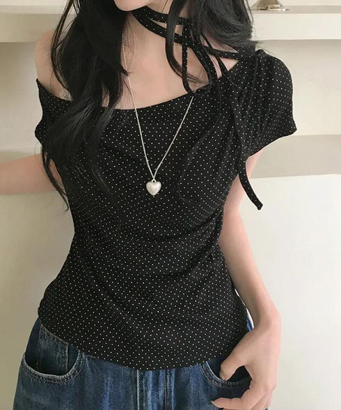 ドット柄tシャツオフショルダートップス夏 チョーカートップス半袖Tシャツレディースおしゃれtシャツアシンメトリー 可愛いリボンタイトップス韓国風セクシーカットソー 86LHHHY-001