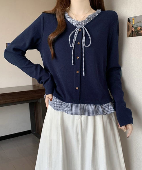 チェック柄レイヤード風リボントップス長袖 レディース フリル襟プルオーバー 大人可愛い Tシャツカットソー 韓国風 着やせ春服秋服 カジュアルきれいめ ガーリー服 86LHHHY-002