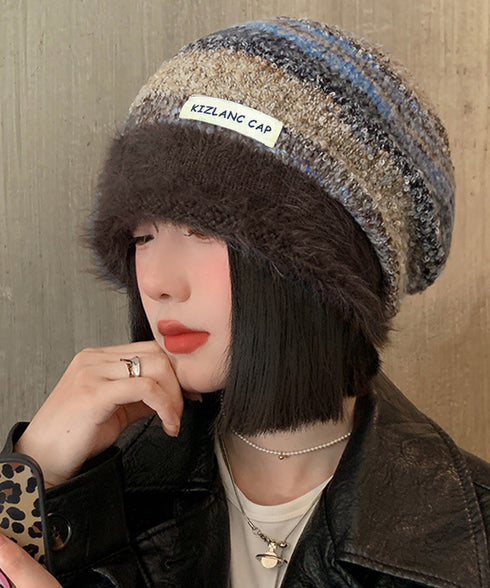 ミックスニット帽 もこもこニットキャップ 配色ボーダー柄ニット帽子 小顔 ロゴ付きぼうしレディース 可愛いニットビーニー秋冬ニットハット あったか アウトドア旅行 86LHJIN-001