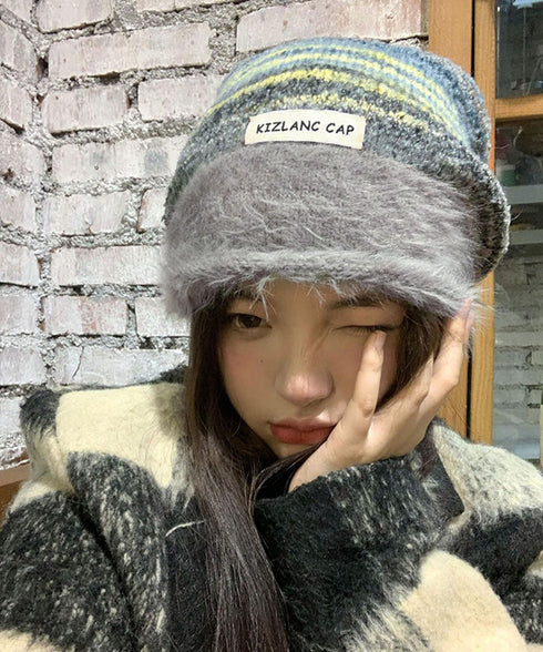 ミックスニット帽 もこもこニットキャップ 配色ボーダー柄ニット帽子 小顔 ロゴ付きぼうしレディース 可愛いニットビーニー秋冬ニットハット あったか アウトドア旅行 86LHJIN-001