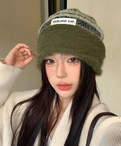 ミックスニット帽 もこもこニットキャップ 配色ボーダー柄ニット帽子 小顔 ロゴ付きぼうしレディース 可愛いニットビーニー秋冬ニットハット あったか アウトドア旅行 86LHJIN-001