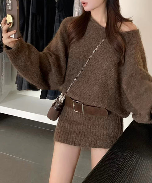 ミニニットワンピースウエストマーク韓国風 ベルト付きリブワンピース レディース タイトシャギーミニワンピース チュニックワンピ秋冬長袖 オフショルダーワンピ着やせ 86LHYI-001