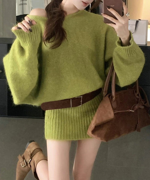 ミニニットワンピースウエストマーク韓国風 ベルト付きリブワンピース レディース タイトシャギーミニワンピース チュニックワンピ秋冬長袖 オフショルダーワンピ着やせ 86LHYI-001