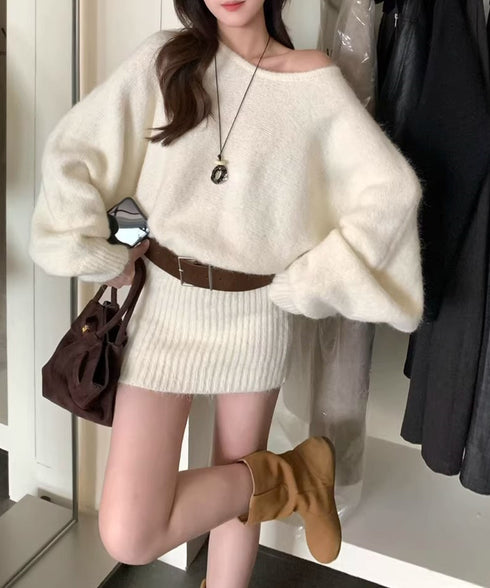 ミニニットワンピースウエストマーク韓国風 ベルト付きリブワンピース レディース タイトシャギーミニワンピース チュニックワンピ秋冬長袖 オフショルダーワンピ着やせ 86LHYI-001