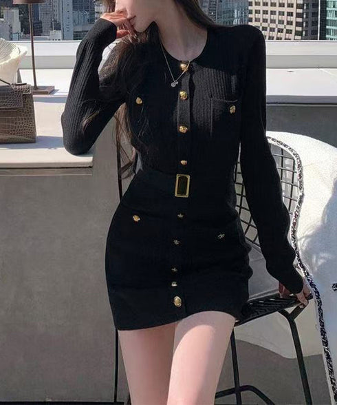 ミニニットワンピース ゴールドボタン上品 レディース セクシーリブミニワンピ膝上丈 タイトワンピースウエストマーク クールネック セータードレスパーティー 韓国風 86LJIAR-001
