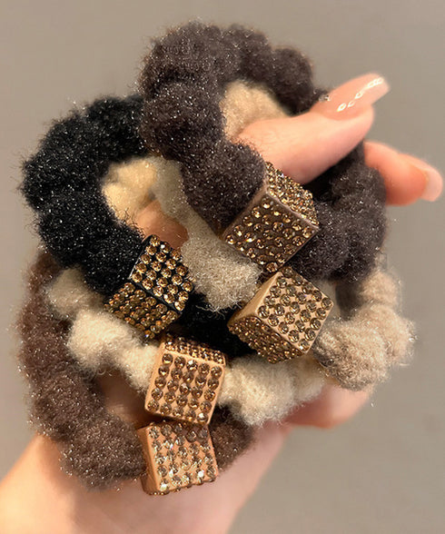 キラキラビーズ付ファーヘアゴム5本組上品 モコモコボリュームヘアアクセサリーセット 韓国風ビジューヘアゴム 大人可愛い髪飾りまとめ髪 シュシュセット秋冬ヘアアクセ 86LJIUYU-001