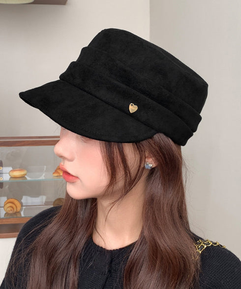 ワンポイントキャスケット スエード調帽子 レディースクラシックマリンハット ハート飾り ベレー風キャップ つば広ぼうしヴィンテージ風 小顔見え レトロ帽子あったか 86LJIYING-001