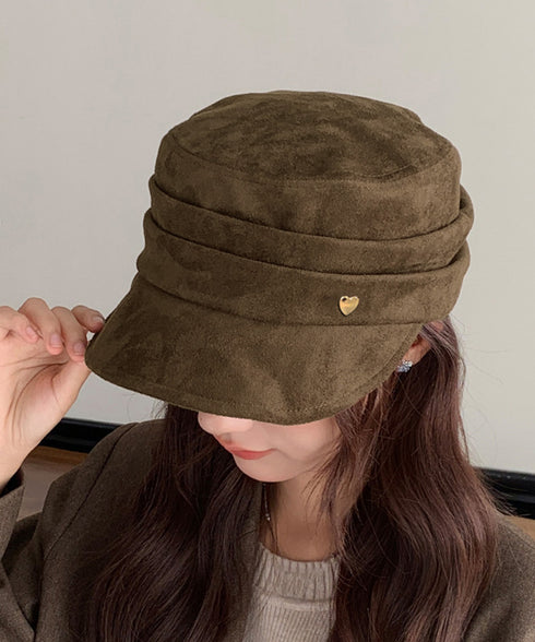 ワンポイントキャスケット スエード調帽子 レディースクラシックマリンハット ハート飾り ベレー風キャップ つば広ぼうしヴィンテージ風 小顔見え レトロ帽子あったか 86LJIYING-001