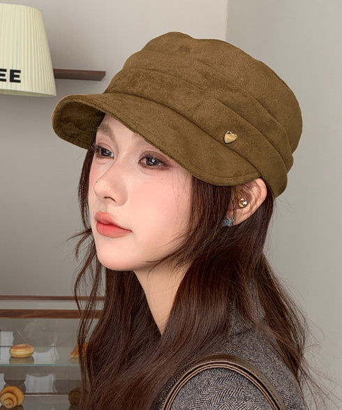 ワンポイントキャスケット スエード調帽子 レディースクラシックマリンハット ハート飾り ベレー風キャップ つば広ぼうしヴィンテージ風 小顔見え レトロ帽子あったか 86LJIYING-001