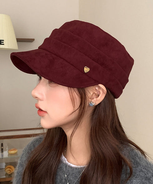 ワンポイントキャスケット スエード調帽子 レディースクラシックマリンハット ハート飾り ベレー風キャップ つば広ぼうしヴィンテージ風 小顔見え レトロ帽子あったか 86LJIYING-001