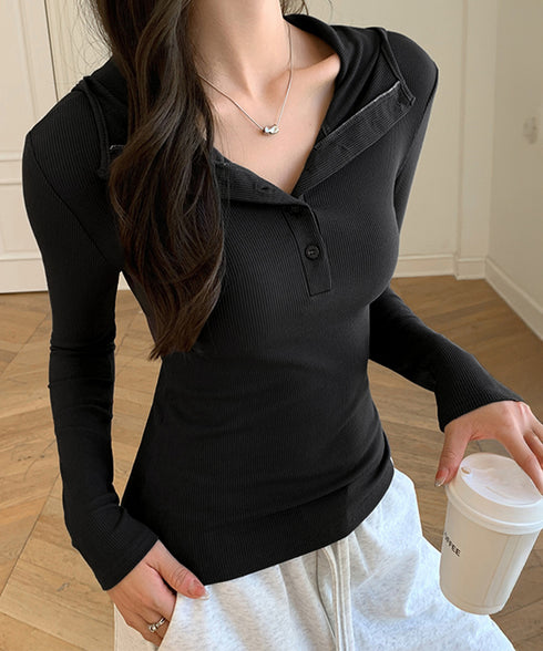 フード付きリブカットソーレディース長袖T フーディーTシャツ スリムフィット細見えTシャツ タイトシルエット ヘンリーネックインナートップス ベーシック 着回し服 86LMOHE-001