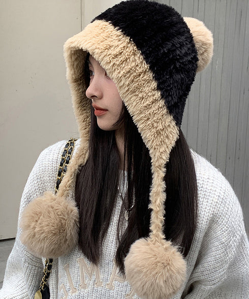 ポンポン付き もこもこニット帽子あったか レディース 柔らか帽子 耳あて付き秋冬ハット 暖かい防寒ボア帽子 小顔 ふわふわニットキャップ ボリューム可愛い 韓国風 86LMXK-001