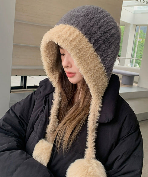 ポンポン付き もこもこニット帽子あったか レディース 柔らか帽子 耳あて付き秋冬ハット 暖かい防寒ボア帽子 小顔 ふわふわニットキャップ ボリューム可愛い 韓国風 86LMXK-001
