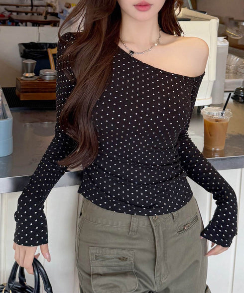 ドットラメtシャツオフショルダートップス 肩出しtシャツレディース ワンショルダーt長袖肌見せカットソーセクシー タイトトップス着やせ 大人可愛いTシャツ水玉模様 86LNAMZ-001