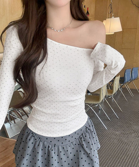ドットラメtシャツオフショルダートップス 肩出しtシャツレディース ワンショルダーt長袖肌見せカットソーセクシー タイトトップス着やせ 大人可愛いTシャツ水玉模様 86LNAMZ-001