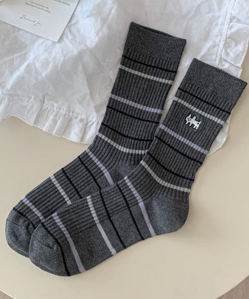 リブソックス レディース ミドル丈 靴下 刺しゅう ワンポイント靴下 大人可愛いボーダーソックス カジュアルミドルソックス 蒸れにくい 綿混ルームソックスおしゃれ 86LRRAN-001
