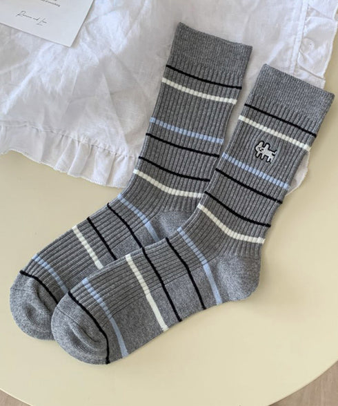 リブソックス レディース ミドル丈 靴下 刺しゅう ワンポイント靴下 大人可愛いボーダーソックス カジュアルミドルソックス 蒸れにくい 綿混ルームソックスおしゃれ 86LRRAN-001