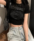 クロップド丈ロゴチビTシャツカットソー夏 英字プリントtシャツレディース半袖 へそ出しトップス韓国風 カジュアルミニタイトTシャツ細見え着やせ レトロカレッジ夏服 86LSBLI-001