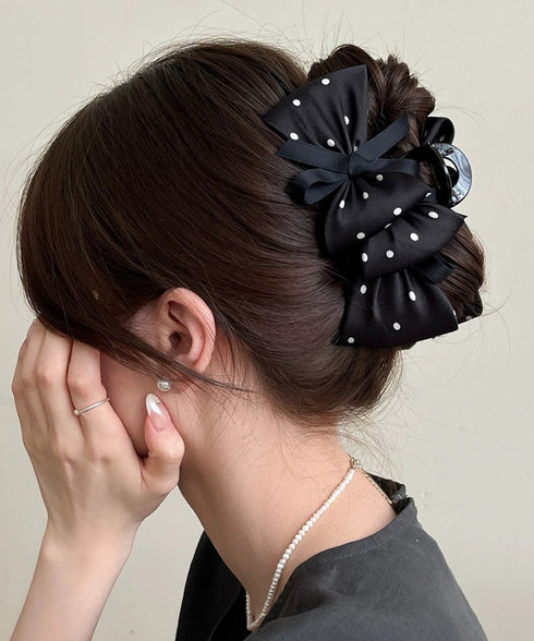 ヘアクリップドット柄リボンバンスクリップ レディース ビッグリボンヘアアクセサリー フェミニン髪留め 大人可愛い髪飾り 軽量 ヘアアレンジ簡単 まとめ髪上品韓国風 86LXXUAN-001