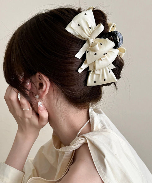 ヘアクリップドット柄リボンバンスクリップ レディース ビッグリボンヘアアクセサリー フェミニン髪留め 大人可愛い髪飾り 軽量 ヘアアレンジ簡単 まとめ髪上品韓国風 86LXXUAN-001
