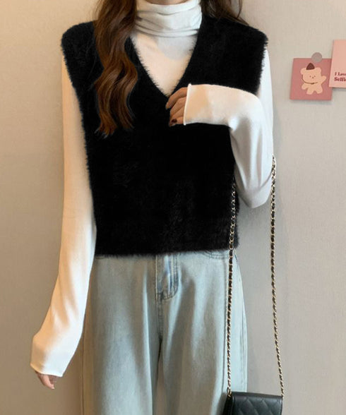 シャギーニットベストショート丈ニットジレ レディース フェイクファーニットベスト Vネック ノースリーブニットトップス 大人可愛い重ね着ニット無地 韓国風春秋冬服 86LYANYAN-001