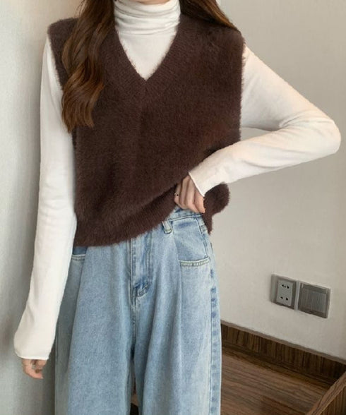 シャギーニットベストショート丈ニットジレ レディース フェイクファーニットベスト Vネック ノースリーブニットトップス 大人可愛い重ね着ニット無地 韓国風春秋冬服 86LYANYAN-001