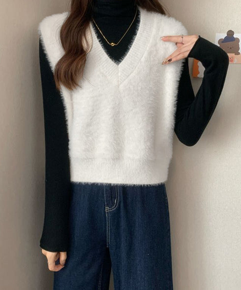 シャギーニットベストショート丈ニットジレ レディース フェイクファーニットベスト Vネック ノースリーブニットトップス 大人可愛い重ね着ニット無地 韓国風春秋冬服 86LYANYAN-001
