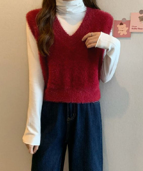 シャギーニットベストショート丈ニットジレ レディース フェイクファーニットベスト Vネック ノースリーブニットトップス 大人可愛い重ね着ニット無地 韓国風春秋冬服 86LYANYAN-001