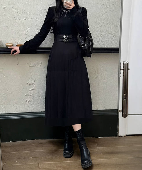 ベルト飾りロングワンピースウエストマーク プチハイネック Aラインワンピース 大人可愛い ハイウエストフレアワンピース長袖 体型カバー 着やせワンピース黒 韓国風 86LYISIKE-001