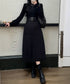 ベルト飾りロングワンピースウエストマーク プチハイネック Aラインワンピース 大人可愛い ハイウエストフレアワンピース長袖 体型カバー 着やせワンピース黒 韓国風 86LYISIKE-001