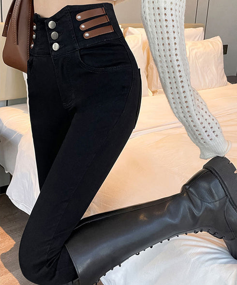 ベルトデザイン スキニーデニムパンツ美脚 ハイウエストデニムパンツ 3ボタンジーンズ レディース ストレッチジーパン ヴィンテージ カジュアル美脚脚長ボトムスリム 86LYSHANG-001